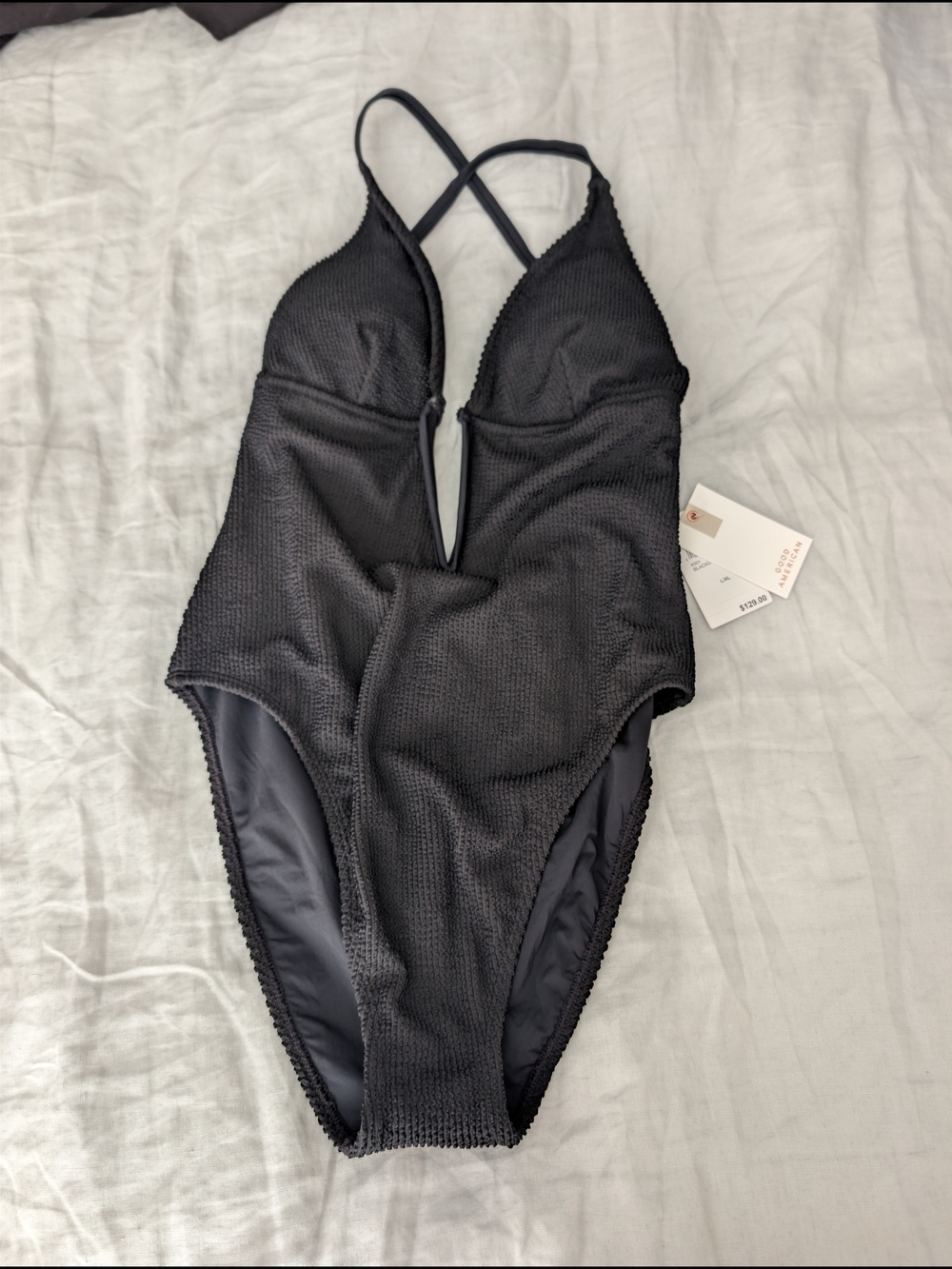 Good American Black Textured One-Piece Swimsuit with Cross Straps